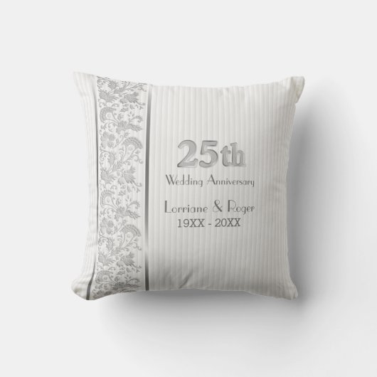 Silver Floral Elegance 25th Wedding Jubileum Kussen (Voorkant)