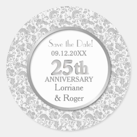 Silver Floral Elegance 25th Wedding Jubileum Ronde Sticker (Voorkant)