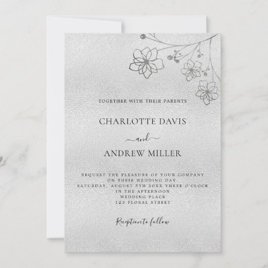 Silver floral elegant botanical luxe bruiloft kaart (Voorkant)