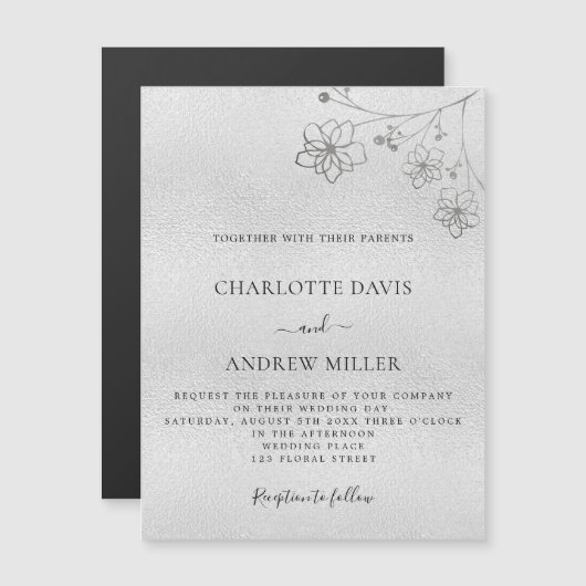 Silver floral elegant bruiloft nodigmagnet (Voorkant / Achterkant)