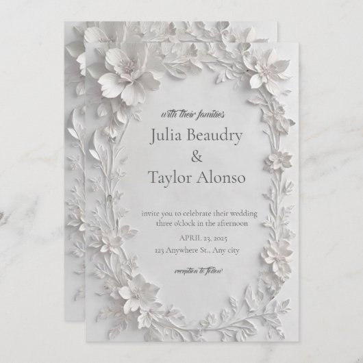 Silver Floral Embossed Wedding Invitation (Devant / Derrière)