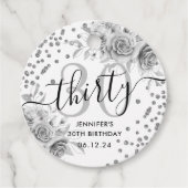Silver Floral Glitter 30e verjaardag Script Bedankjes Labels (Voorkant)