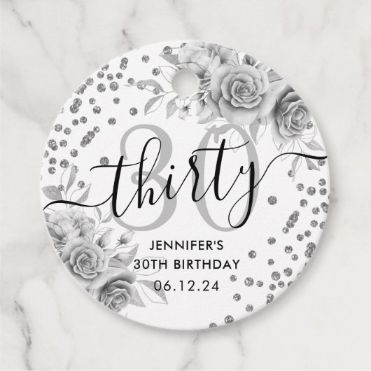 Silver Floral Glitter 30e verjaardag Script Bedankjes Labels (Voorkant)