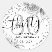 Silver Floral Glitter 30e verjaardag Script Ronde Sticker (Voorkant)