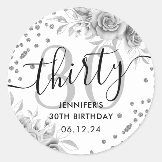 Silver Floral Glitter 30e verjaardag Script Ronde Sticker (Voorkant)