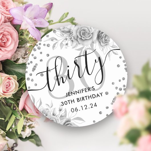 Silver Floral Glitter 30e verjaardag Script Ronde Sticker