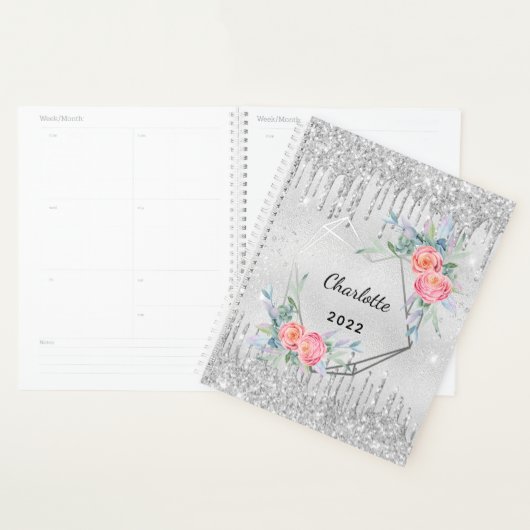 Silver floral glitter blush roze naam planner (Display)