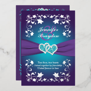 Silver Floral, Paars, Blauwgroen verbonden hart 2 Folie Uitnodiging