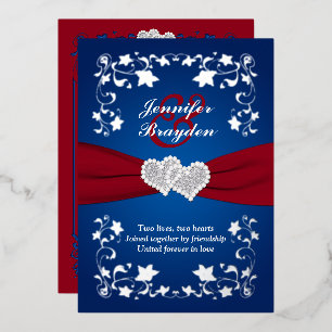 Silver Floral, rood, blauw verbonden hartenhuwelij Folie Uitnodiging