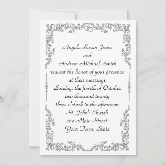 Silver Floral Scroll Border Uitnodiging (Voorkant)
