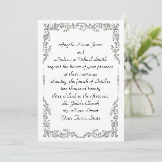 Silver Floral Scroll Border Uitnodiging (Staand voorkant)