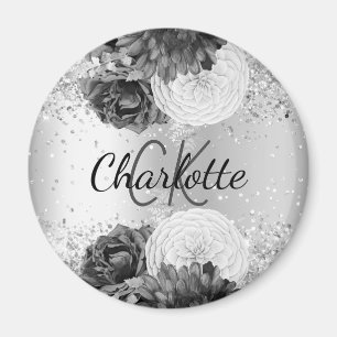 Silver florals elegant monogram magneet