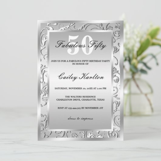 Silver Flourish Pattern Fabulous Fifty Kaart (Staand voorkant)