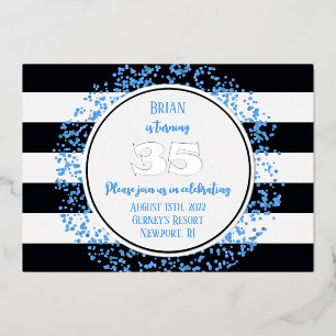 Silver Foil Blue Dot 35th Birthday Invitation Foli Folie Uitnodiging