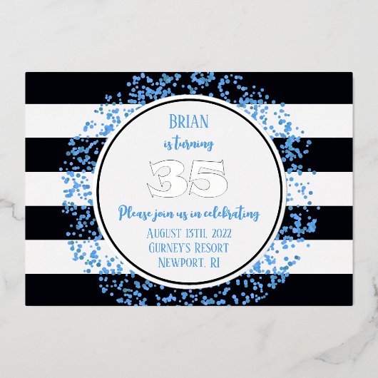 Silver Foil Blue Dot 35th Birthday Invitation Foli Folie Uitnodiging (Voorkant)