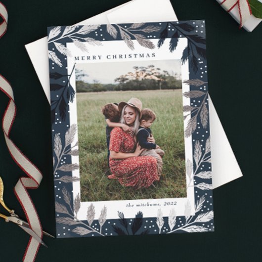 Silver Foil Branches Merry Kerstmis 3 Foto Feestdagenkaart