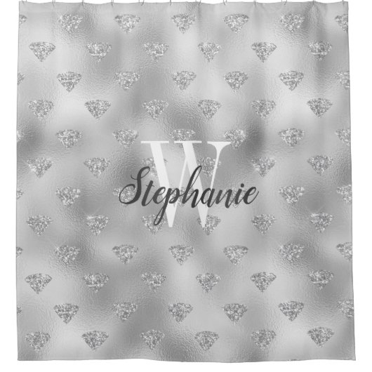 Silver Foil Diamond Glitter Pattern Monogram Douchegordijn (Voorkant)