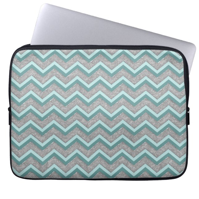 Silver Foil en Blauwgroen ZigZag Laptop Sleeve (Voorkant)