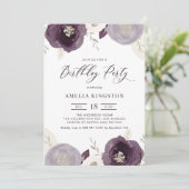 Silver Foil en Purple Flowers Chic Birthday Party Kaart (Staand voorkant)