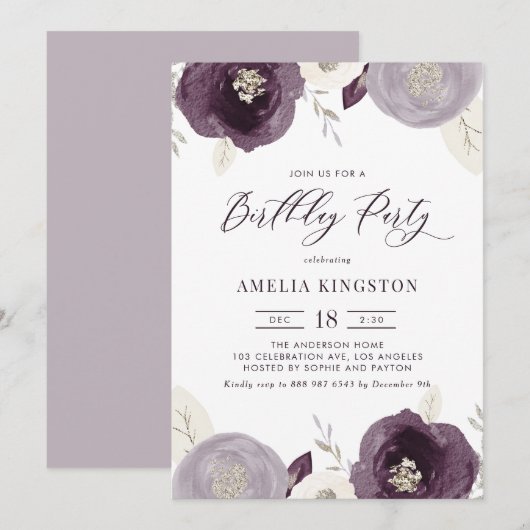 Silver Foil en Purple Flowers Chic Birthday Party Kaart (Voorkant / Achterkant)