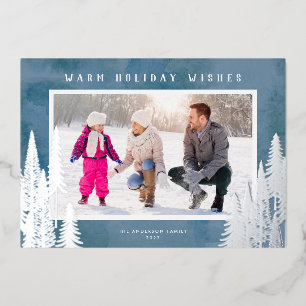 Silver Foil Evergreen Trees Blue Kerstmis Folie Feestdagenkaart