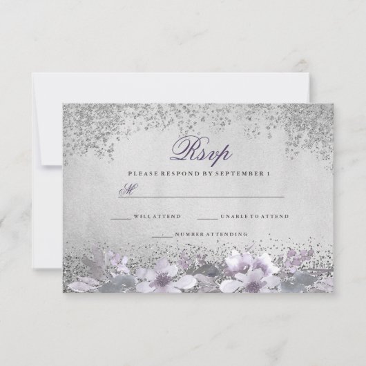 Silver Foil Floral Paars Wedding RSVP (Voorkant)