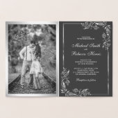 Silver Foil Floral Photo Grey Faire-part de mariag (Intérieur)