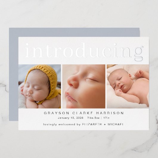 Silver Foil Foto Collage Birth Announding Folie Uitnodiging (Voorkant / Achterkant)