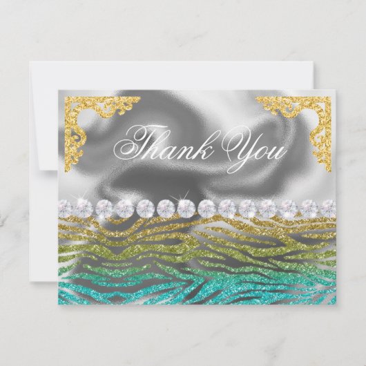 Silver Foil Gold, Blauwgroen Zebra Print Verjaarda Bedankkaart (Voorkant)