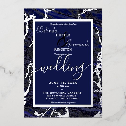 Silver Foil & Navy Blue 5" x 7" Folie Uitnodiging (Voorkant)