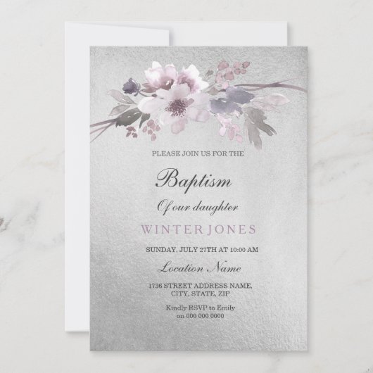 Silver Foil Paars Floral Baptism Invitation Kaart (Voorkant)