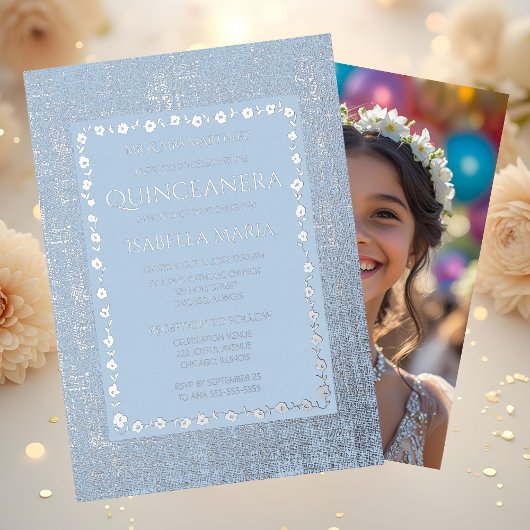 Silver Foil Quinceañera Invitation Dusty Blue