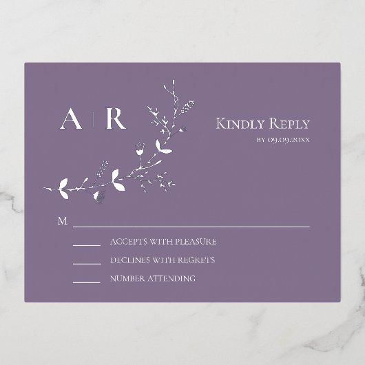 Silver Foil RSVP Weddenschap-reactiekaart Folie Uitnodiging Briefkaart (Voorkant)