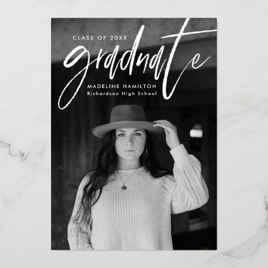 Silver Foil Script 4 Faire-part de graduation phot (Recto)