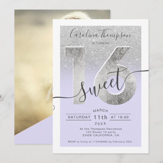 Silver foil script glitter paars Sweet 16 foto Kaart (Voorkant / Achterkant)