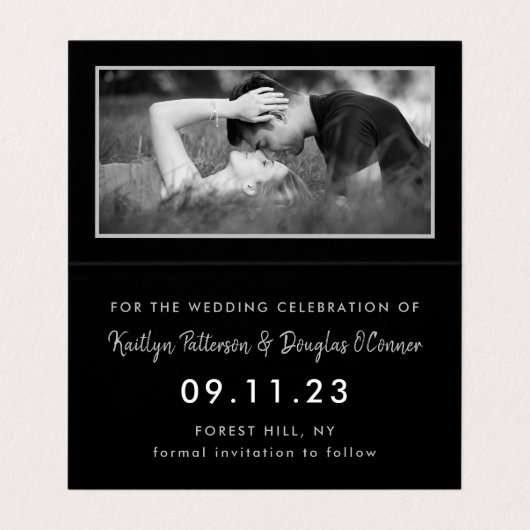 Silver Foil & Script Photo Save the Date Card Visitekaartjes (Binnenkant ongevouwen)