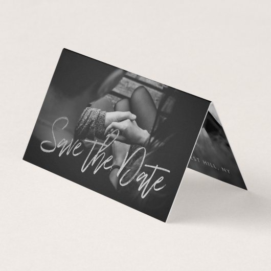 Silver Foil Script Photo Save the Date Card Visitekaartjes (Voorkant)