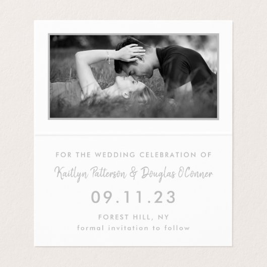 Silver Foil & Script Photo Save the Date Card Visitekaartjes (Binnenkant ongevouwen)