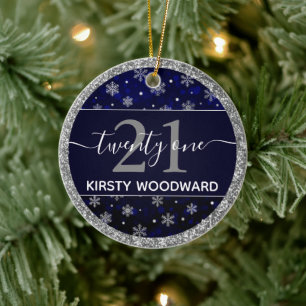 Silver Foil Snowflakes & blue bokeh 21st Birthday Keramisch Ornament