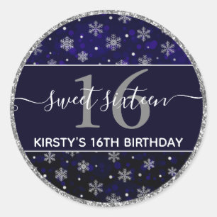 Silver Foil Snowflakes & blue bokeh Sweet 16 Ronde Sticker