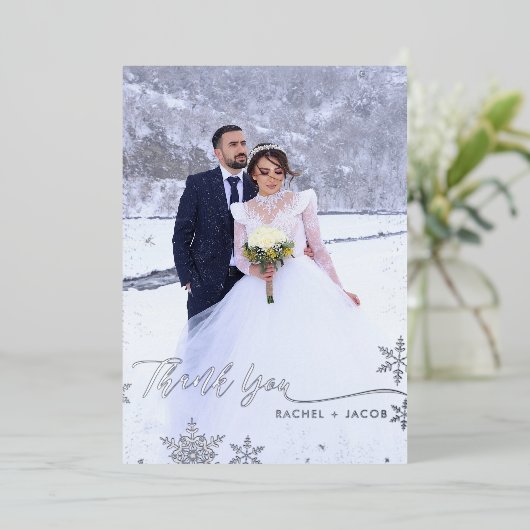 Silver Foil Snowflakes Weddenschap Hartelijk dank Folie Uitnodiging (Staand Voorkant)