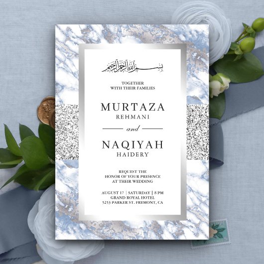 Silver Foil Soft Blue Marble Muslim Wedding Kaart