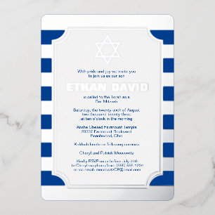 Silver Foil Striped Bar Mitzvah Invite with Star Folie Uitnodiging