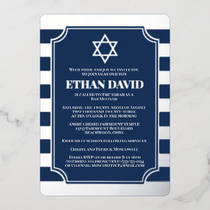Silver Foil Striped Bar Mitzvah Invite with Star Folie Uitnodiging