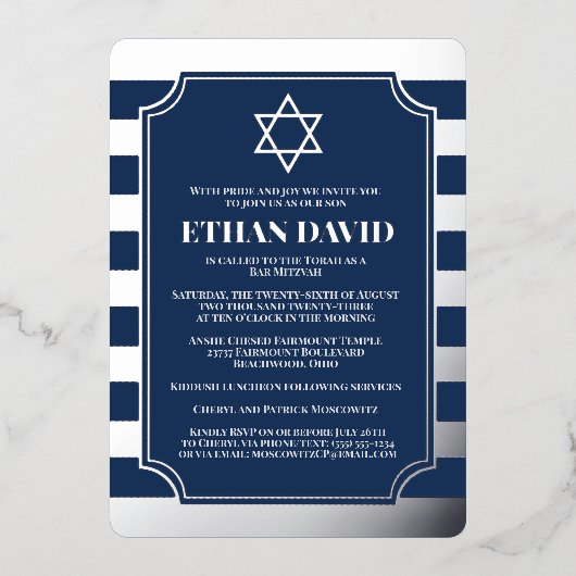 Silver Foil Striped Bar Mitzvah Invite with Star Folie Uitnodiging (Voorkant)