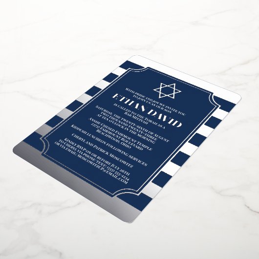 Silver Foil Striped Bar Mitzvah Invite with Star Folie Uitnodiging (Gedraaid)