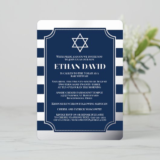 Silver Foil Striped Bar Mitzvah Invite with Star Folie Uitnodiging (Staand Voorkant)