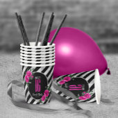 Silver Foil Stripes Floral Hot Pink ID759 Papieren Bekers