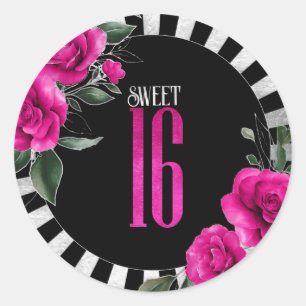 Silver Foil Stripes Floral Hot Pink ID759 Ronde Sticker