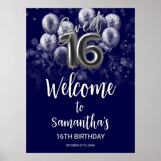 Silver Foil Sweet 16 Ballons Affiche de bienvenue (Devant)